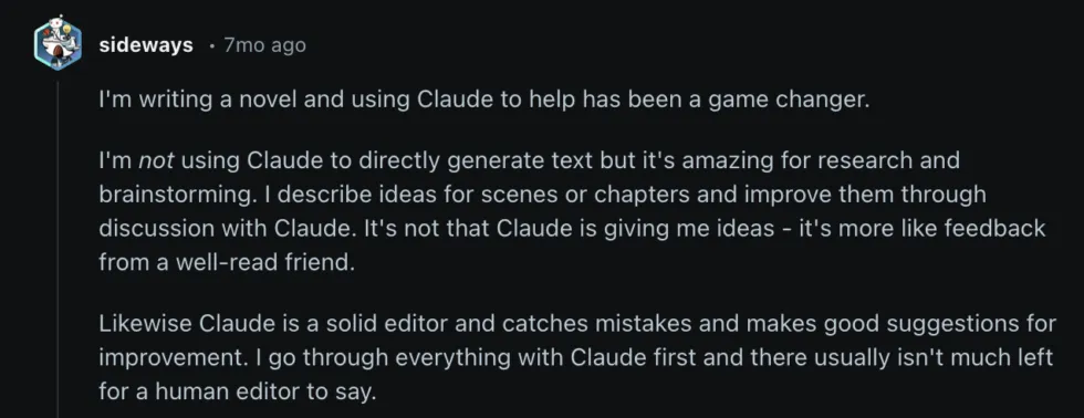 Reddit user sideways describing using Claude for novel writing
