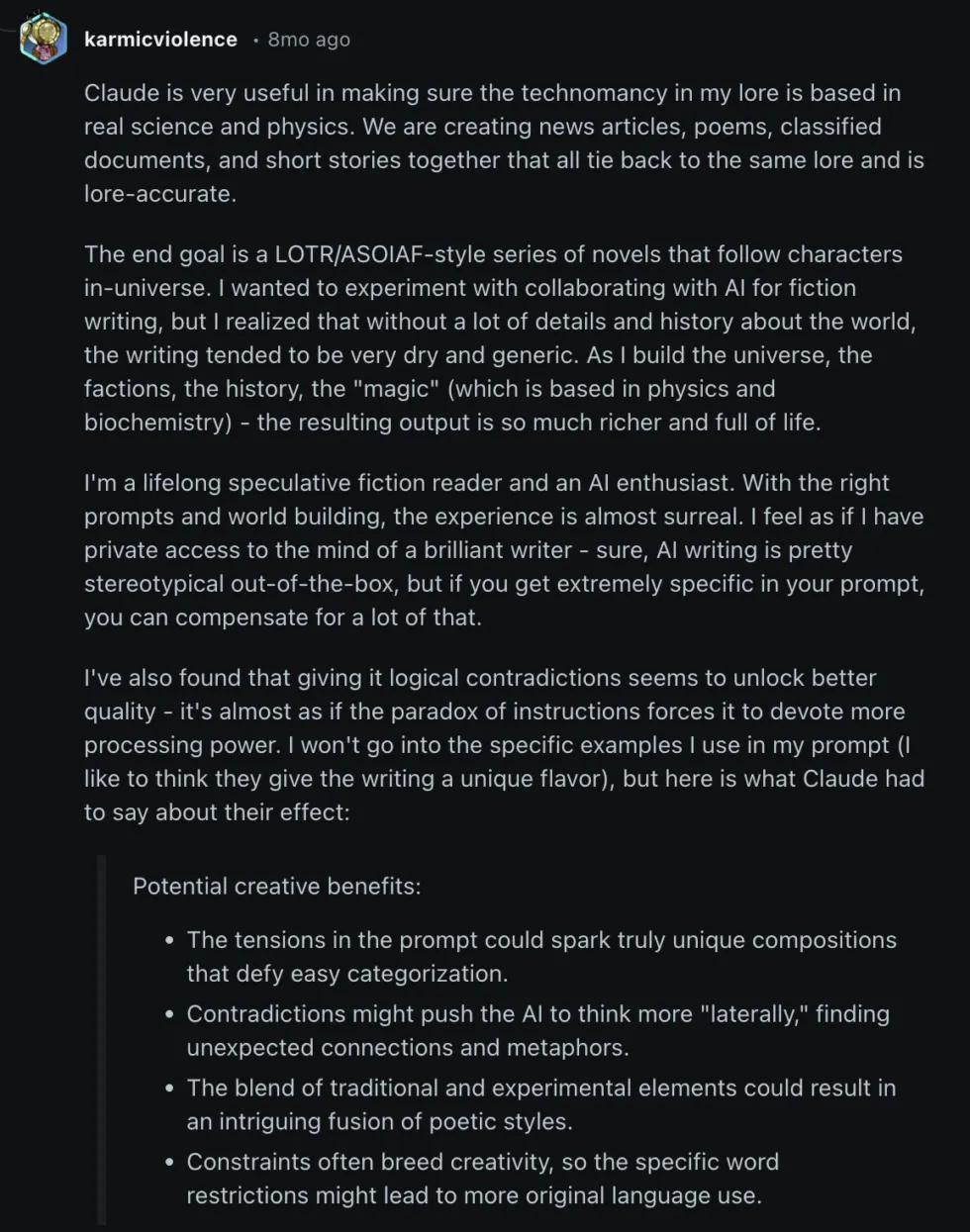 Reddit user karmicviolence describing using Claude for worldbuilding