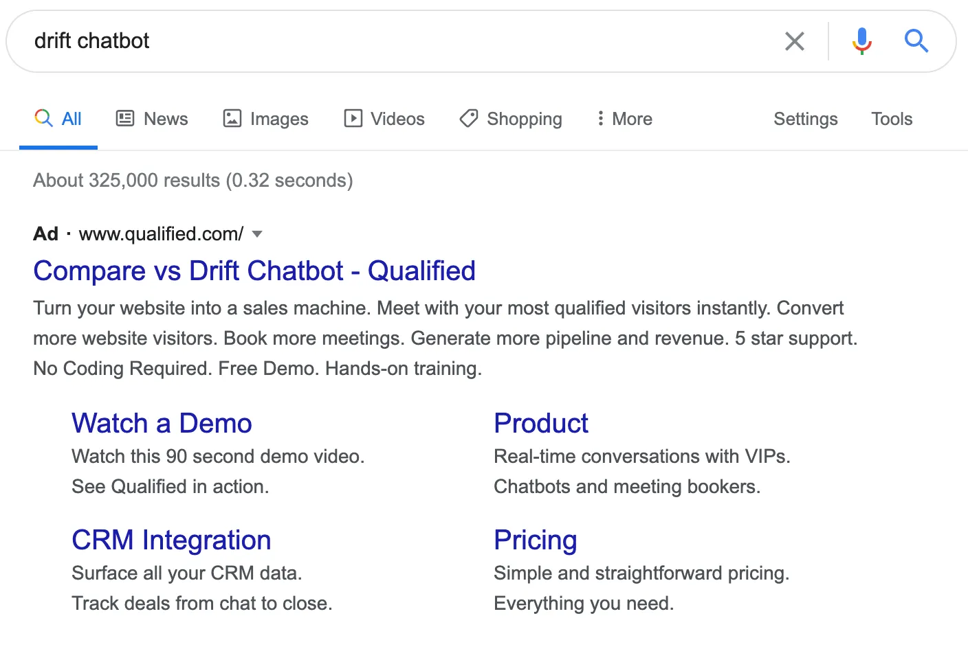 Qualified ad using Drift Chatbot in ad copy