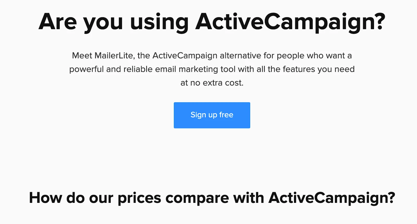 MailerLite landing page with ActiveCampaign comparison
