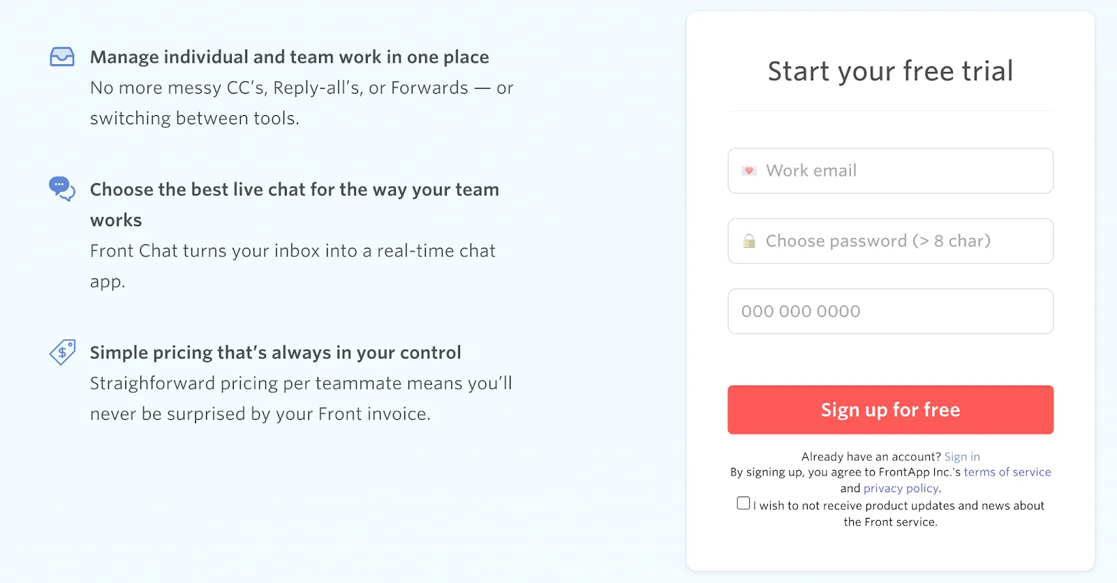 Front landing page highlighting benefits vs Intercom