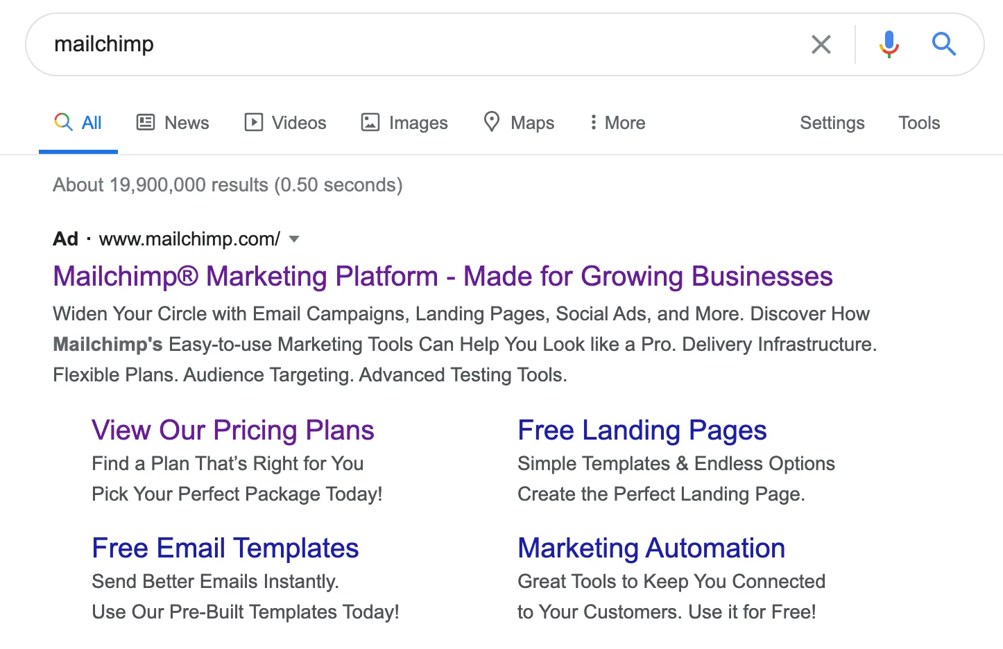 Google search for Mailchimp showing only Mailchimp's own ad