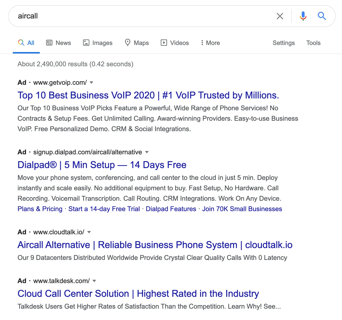 Aircall search showing competitor ads dominating