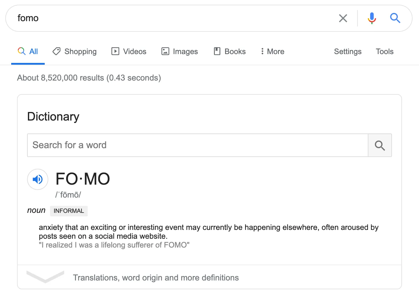 Google search for FOMO showing non-app results