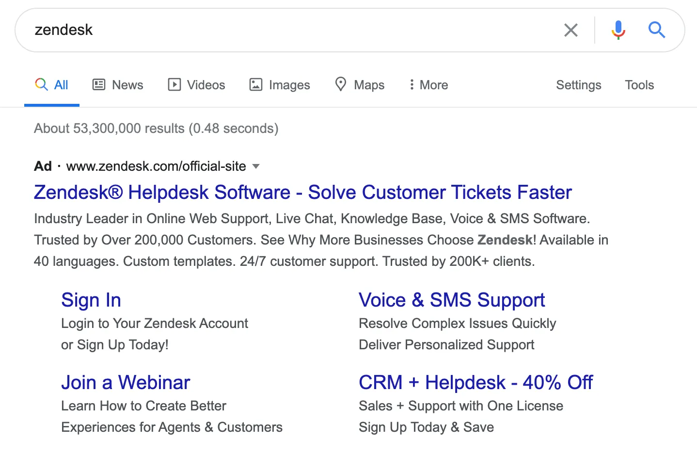 Google search for Zendesk showing broad audience targeting