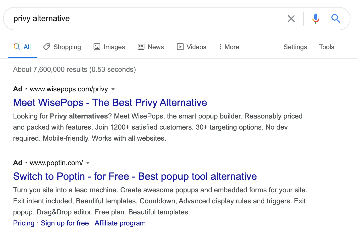 Google search for Privy alternatives showing generic 'best alternative' ad copy