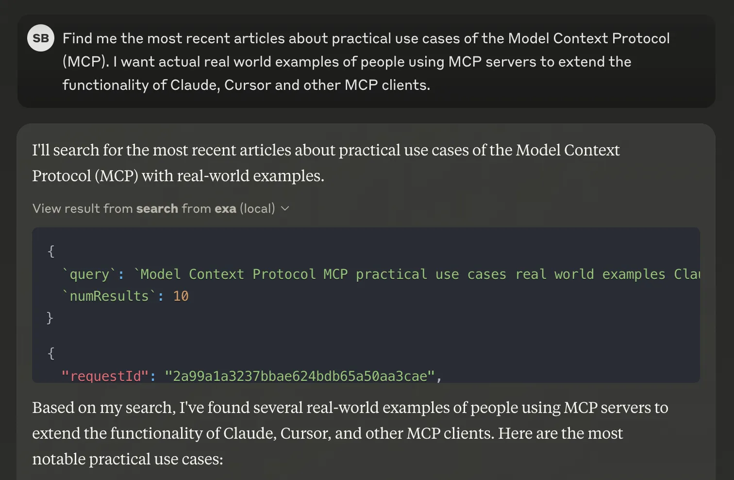 Claude using Exa MCP to search for articles about MCP